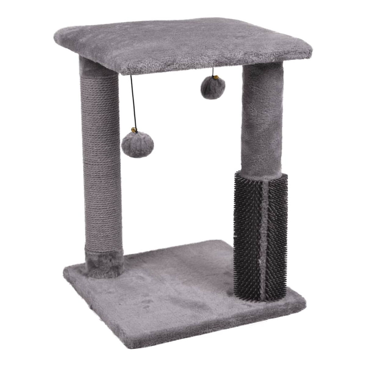 Albero per gatti grigio con pali per graffiare e giocattoli sospesi. Base e piattaforma superiore.