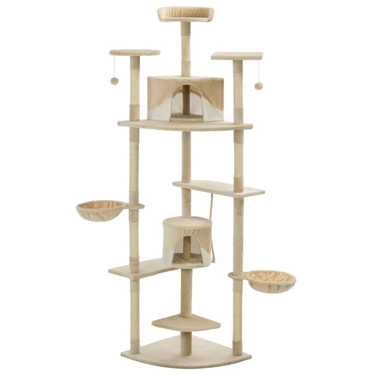 Ein hoher Katzenbaum mit mehreren Ebenen, Kratzbäumen und einer Hängematte. Er ist beige und hellbraun.
