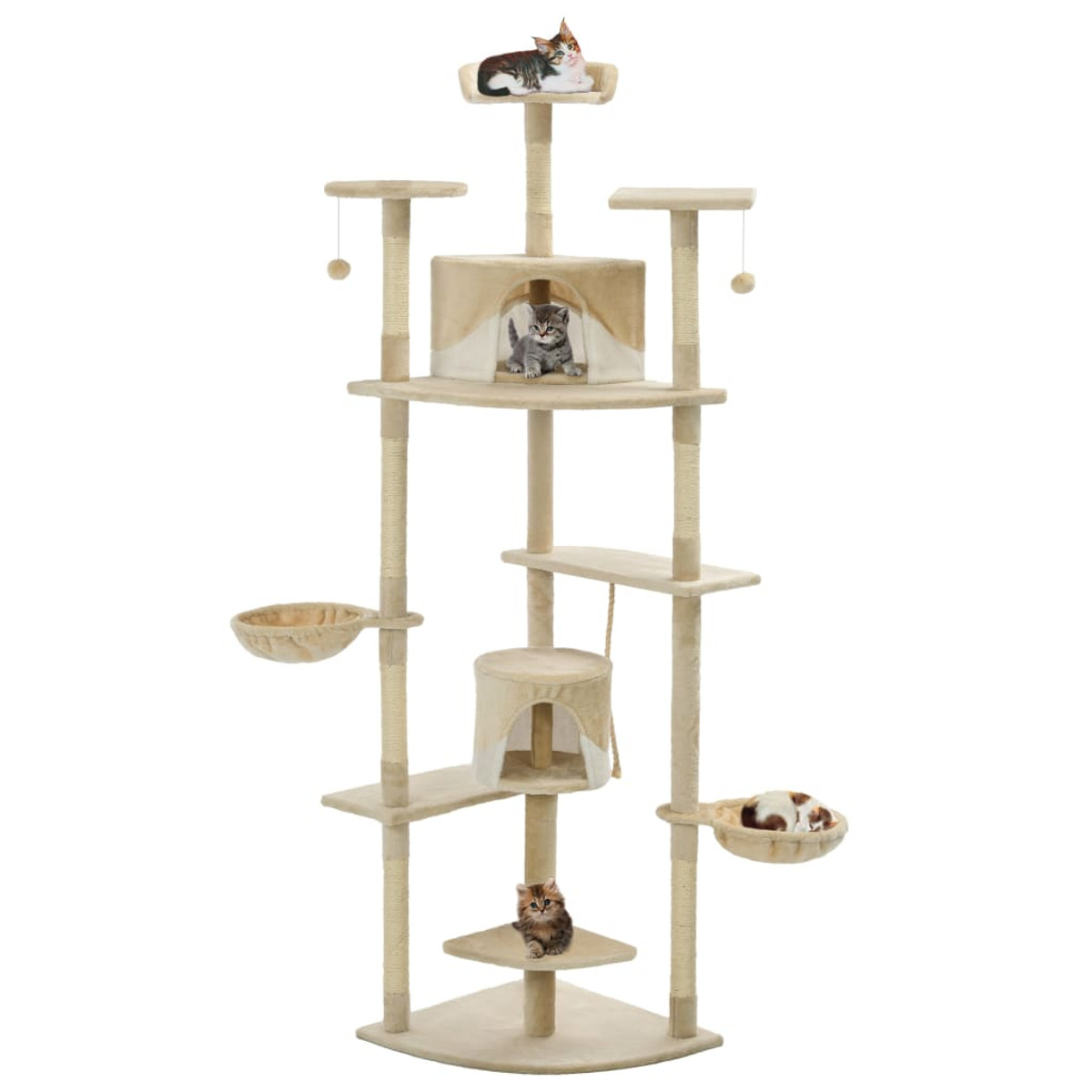 Mehrstöckiger Katzenbaum mit mehreren Plattformen, einem Versteck und mehreren Katzen. Beige und braun.