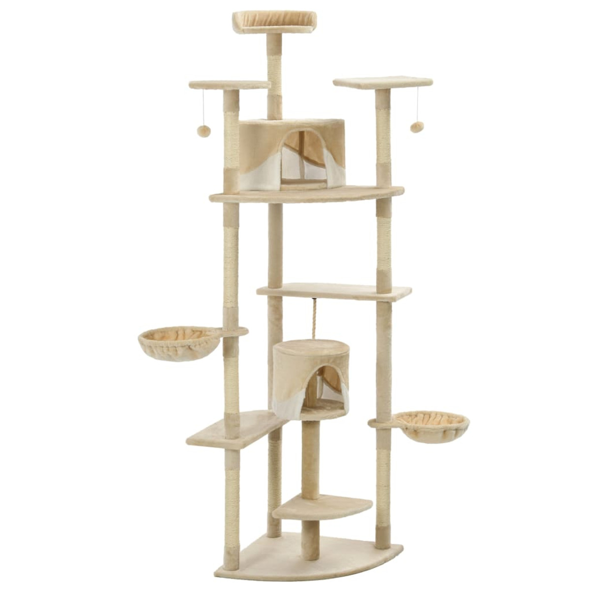 Mehrstöckiger Katzenbaum mit beigen Plattformen, Versteckmöglichkeiten und Kratzbäumen.