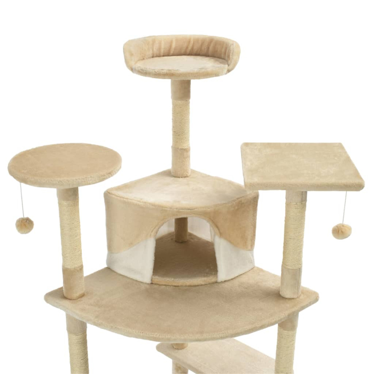 Beiges Katzenkratzbaum mit mehreren Plattformen und einem Katzenhaus, weißer Hintergrund.