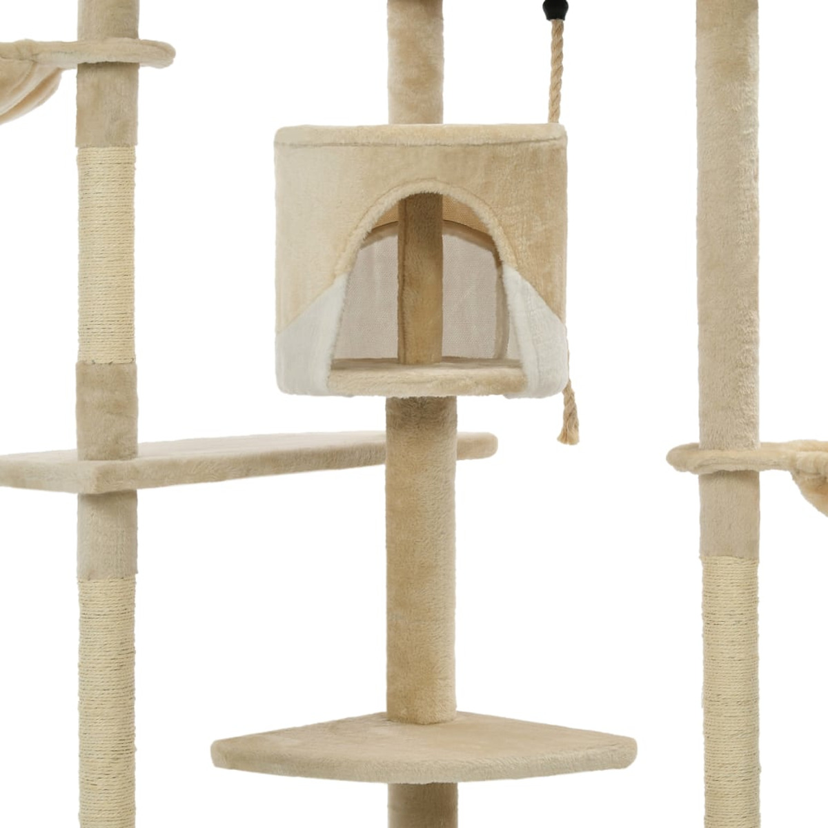 Katzenbaum mit mehreren Plattformen, einer Höhle und einem Seil, beige Farbe.