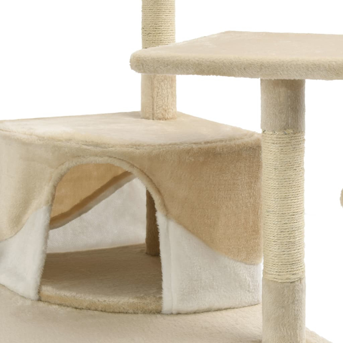 Beiger Katzenbaum mit mehreren Ebenen, einem Versteck und Kratzpfosten.