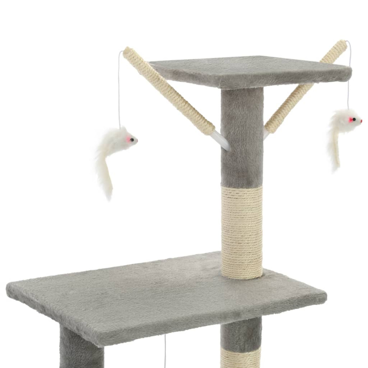 Grauer Katzenbaum mit zwei Plattformen, Kratzpfosten und hängenden Spielzeugmäusen.