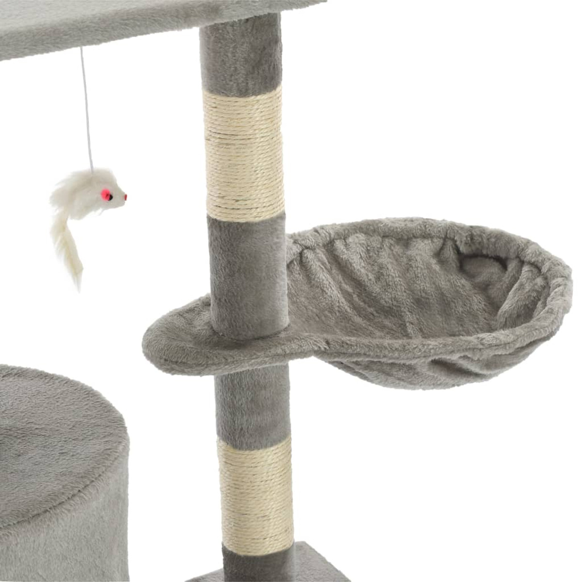 Ein grauer Katzenbaum mit einer hängenden Spielzeugmaus, einem runden Bett und Kratzbäumen auf weißem Hintergrund.