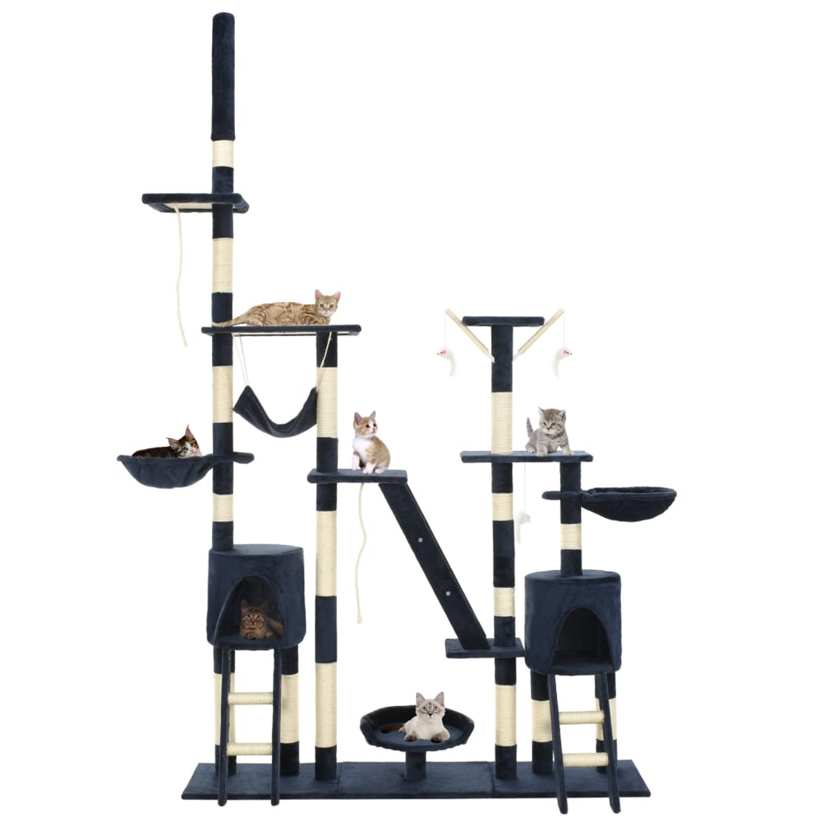 Katzenbaum mit Plattformen, Häusern und mehreren Katzen auf weißem Hintergrund.