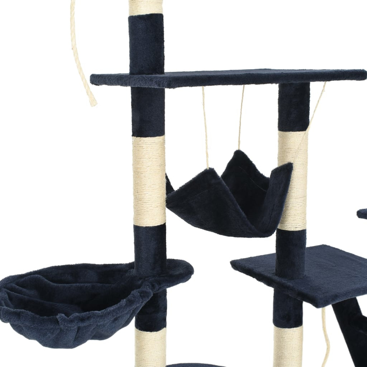 Ein mehrstöckiger Katzenbaum mit dunkelblauen und beigen Elementen, einer Hängematte und Plattformen.