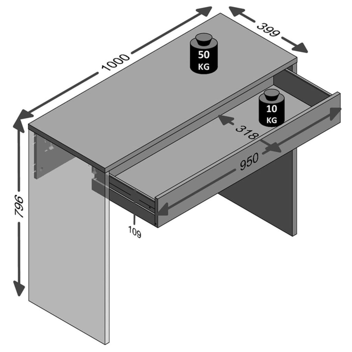 Grauer Schreibtisch mit Maßen und Gewichtsangaben, Schublade offen, Gewichte oben.