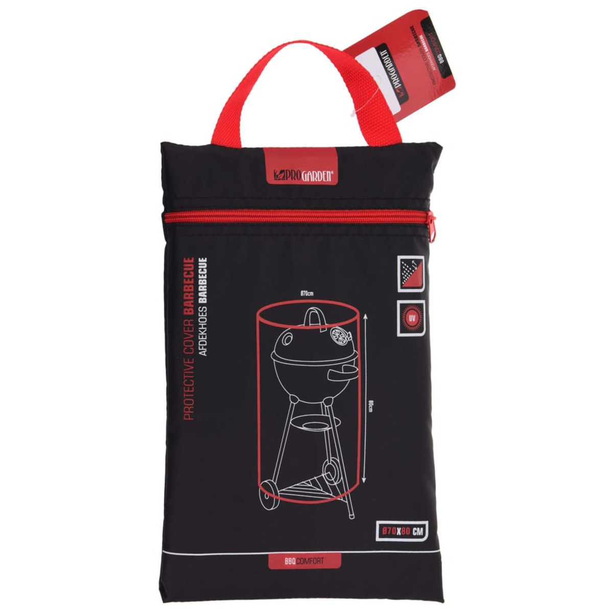 Copertura per barbecue nera con dettagli rossi, diagramma grafico e tracolla rossa.