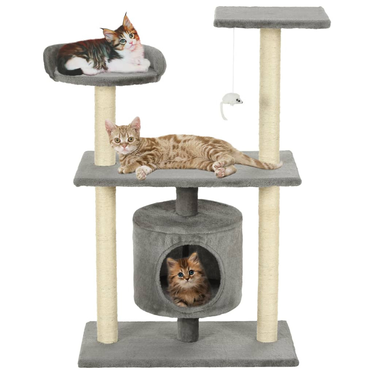 Kratzbaum mit drei Katzen. Eine Katze oben, eine in der Mitte und eine im Katzenhaus.
