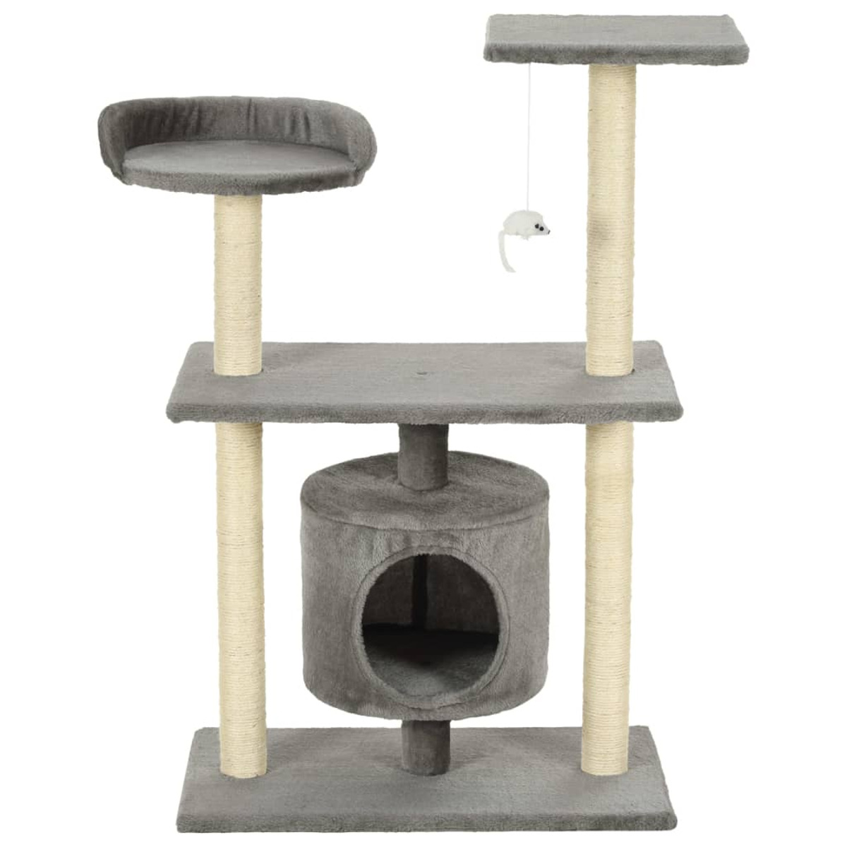Ein grauer Katzenbaum mit Plattformen, einem Bett und einer hängenden Spielzeugmaus. Auf weißem Hintergrund platziert.