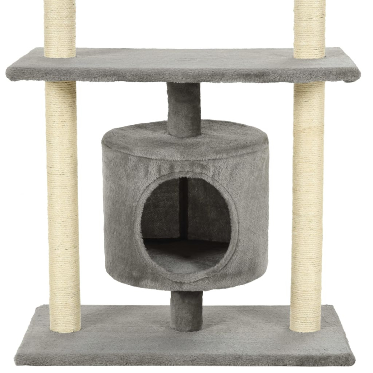 Ein Katzenbaum mit zylindrischem Haus, mehreren Plattformen und Kratzbäumen. Er ist grau und beige.