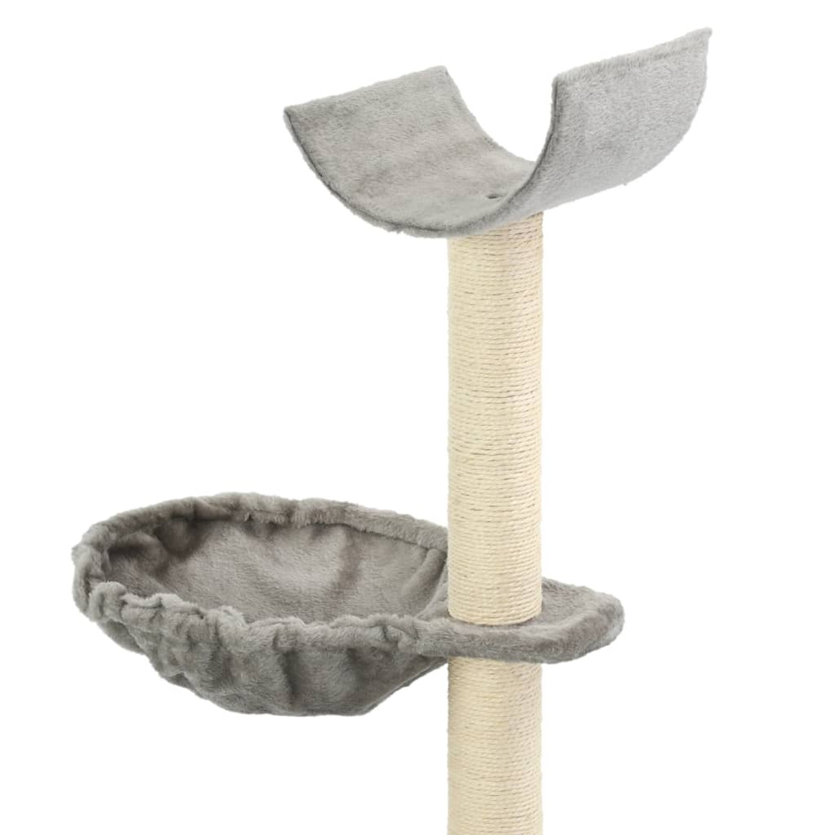 Grauer Katzenbaum mit schalenförmigem Bett und geschwungener oberer Plattform. Weißer Hintergrund.