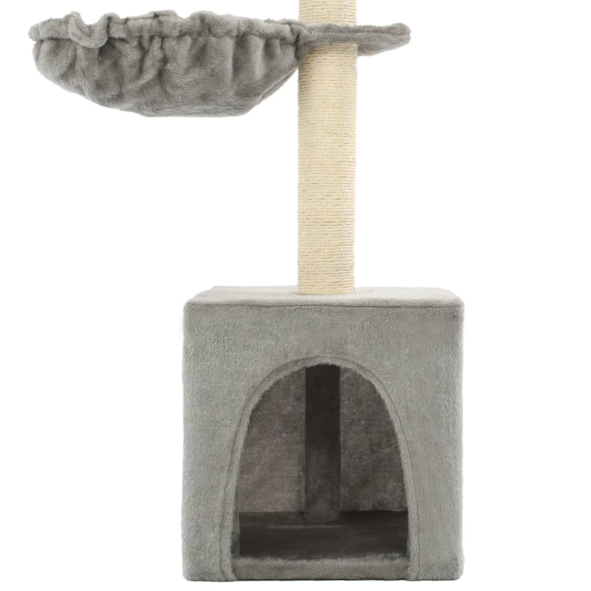 Grauer Katzenbaum mit Höhle, Kratzpfosten und Hängematte.