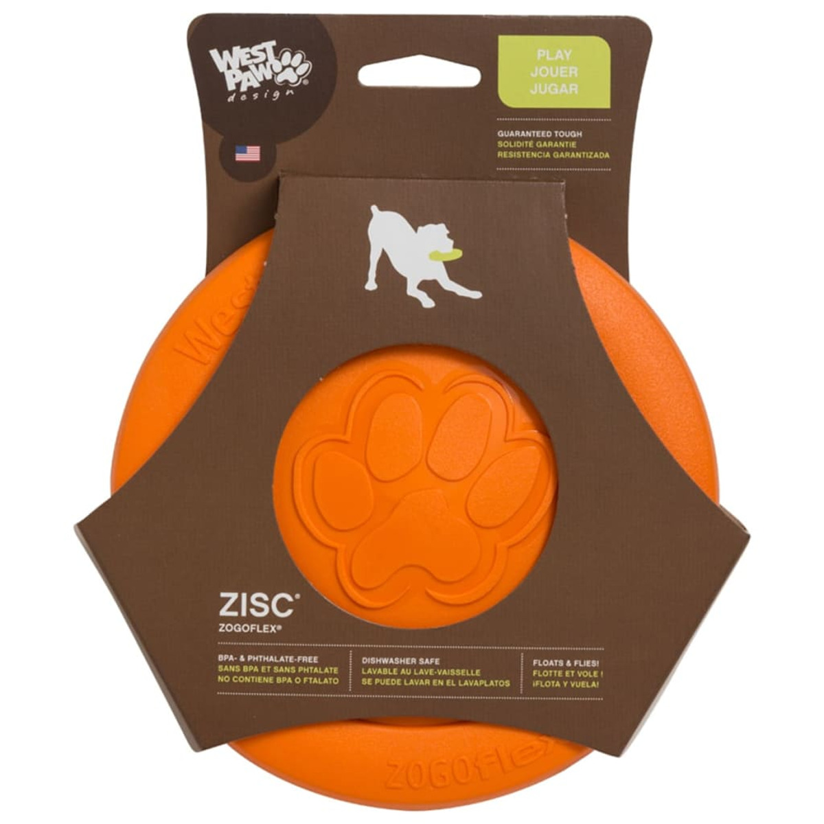 Frisbee arancione per cani con testo e impronta di zampa in confezione marrone su sfondo bianco.