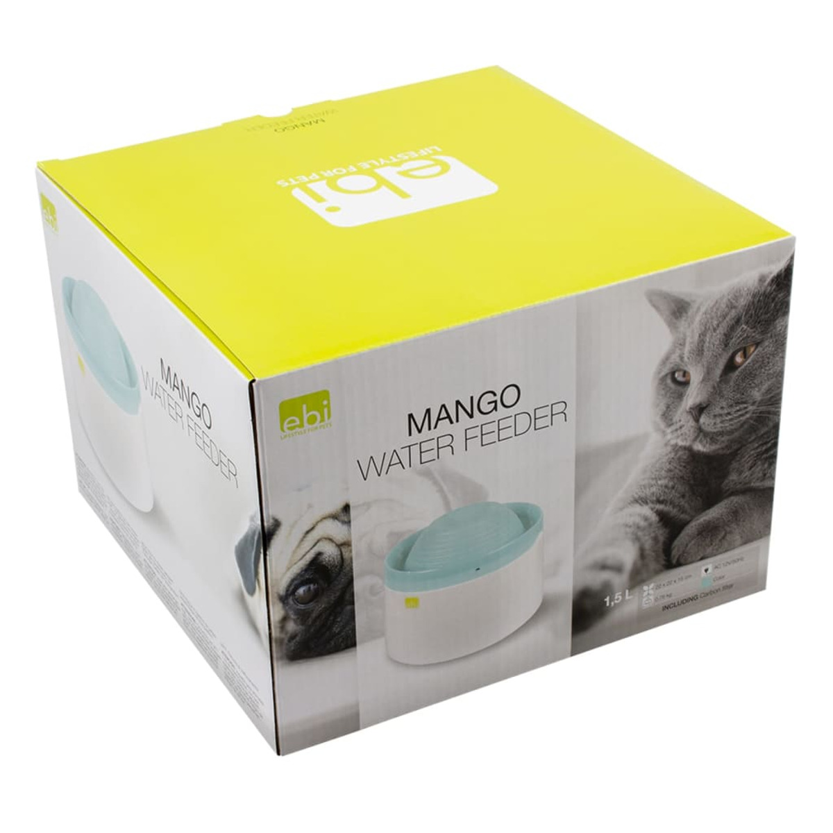 Gelb-weiße Box mit einem Katzen-Wasser-Feeder, einer Katze und einem Hund, die auf der Box abgebildet sind.
