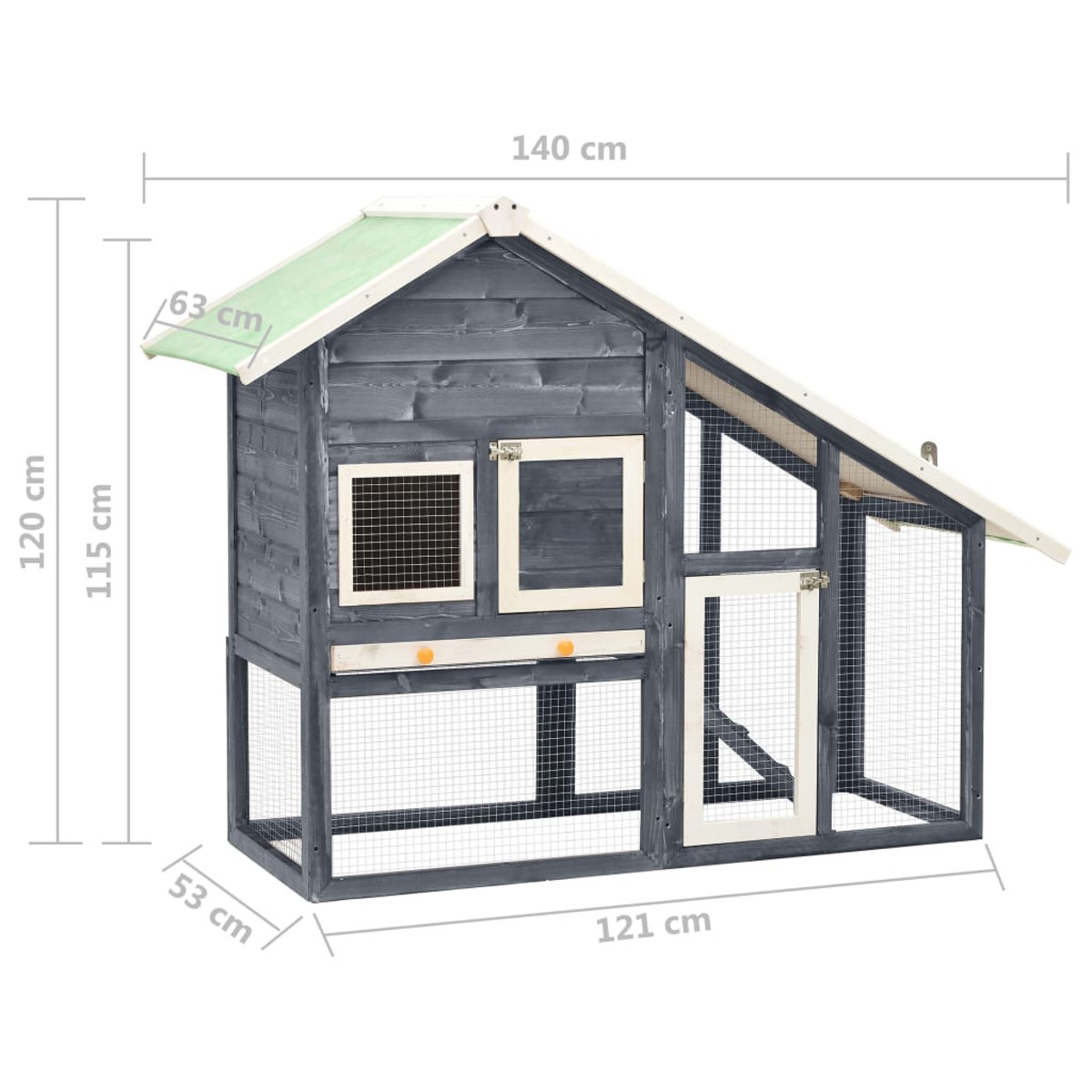 Ein grauer Kaninchenstall aus Holz mit Abmessungen, einem grünen Dach und Drahtgitterfenstern und -tür.