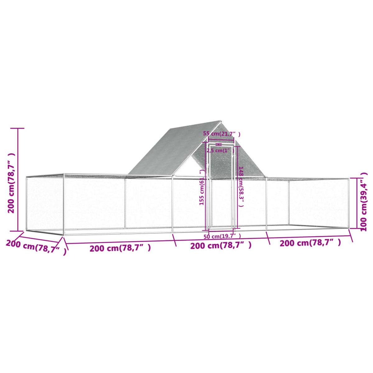 Diagramm mit Maßen einer weiß-grauen Laufstallstruktur, auf weißem Hintergrund.