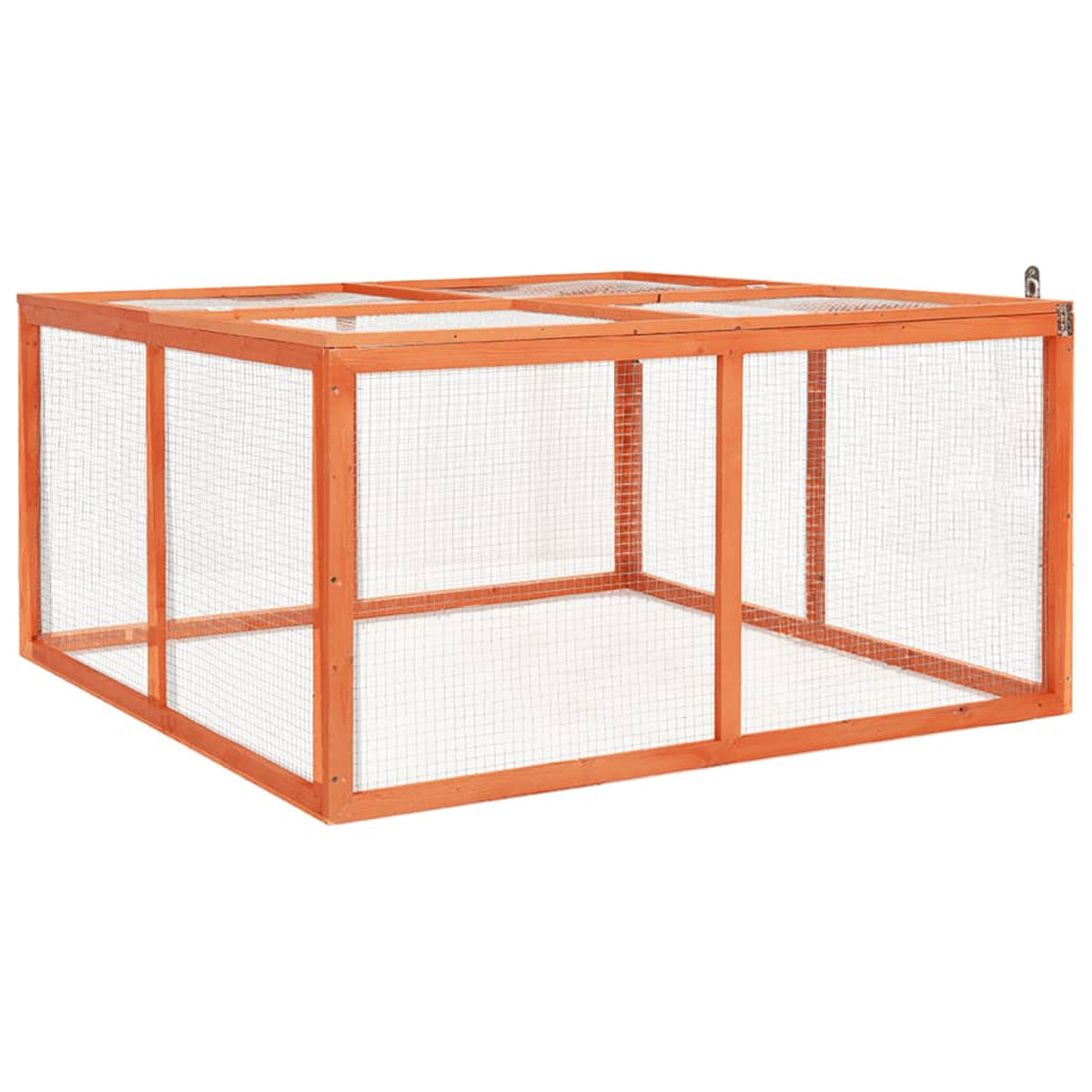 Ein hölzerner Kaninchenkäfig mit Drahtgitterseiten. Der Käfig ist rechteckig und orange.