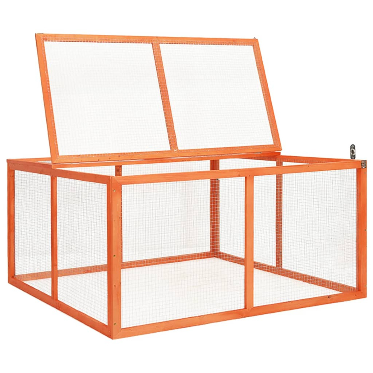 Orangener Hühnerstall aus Holz mit Maschendraht und offenem Dach.
