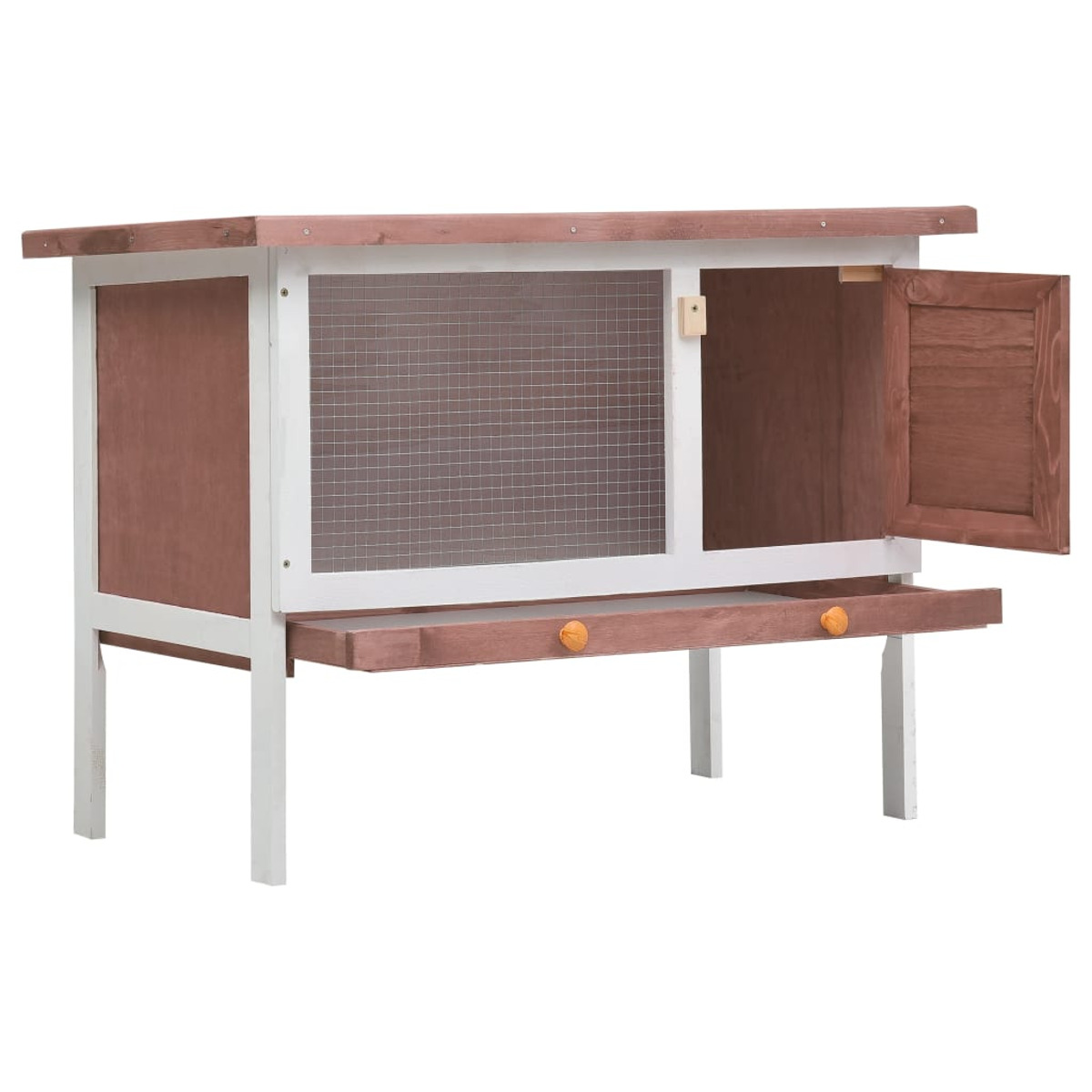 Ein Kaninchenstall aus Holz mit einer Tür aus Drahtgeflecht und einer offenen Schublade. Der Stall ist weiß und braun gestrichen.