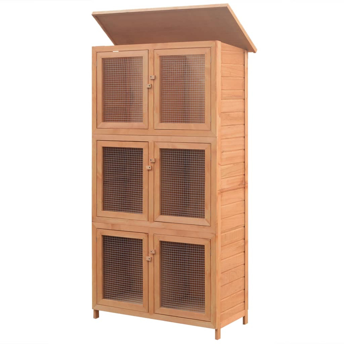 Outdoor-Aufbewahrungsschrank aus Holz mit Gittertüren und einem schrägen Dach, auf weißem Grund.