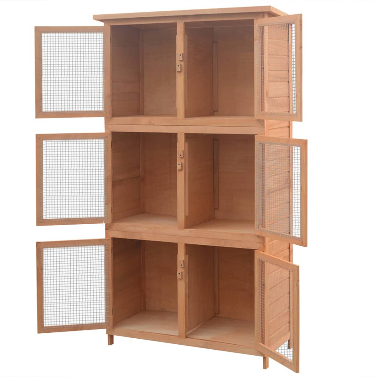 Ein Kaninchenstall aus Holz mit mehreren Fächern und offenen Türen, vor weißem Hintergrund.