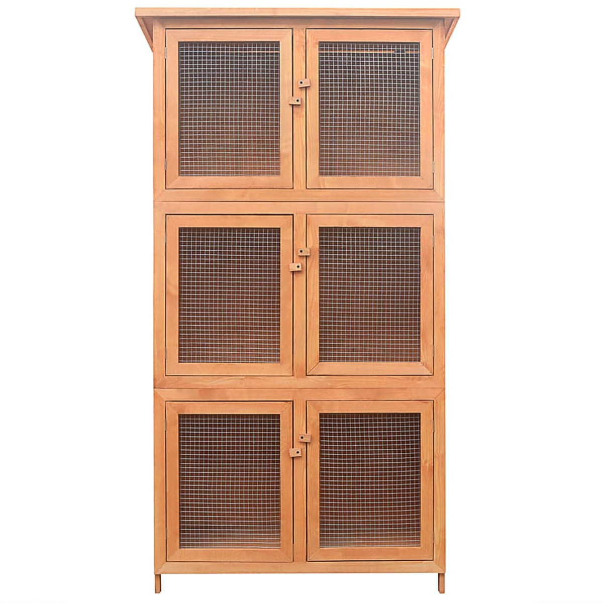 Holzschrank mit sechs Fächern, jeweils mit Drahtgittertüren, vor weißem Hintergrund.