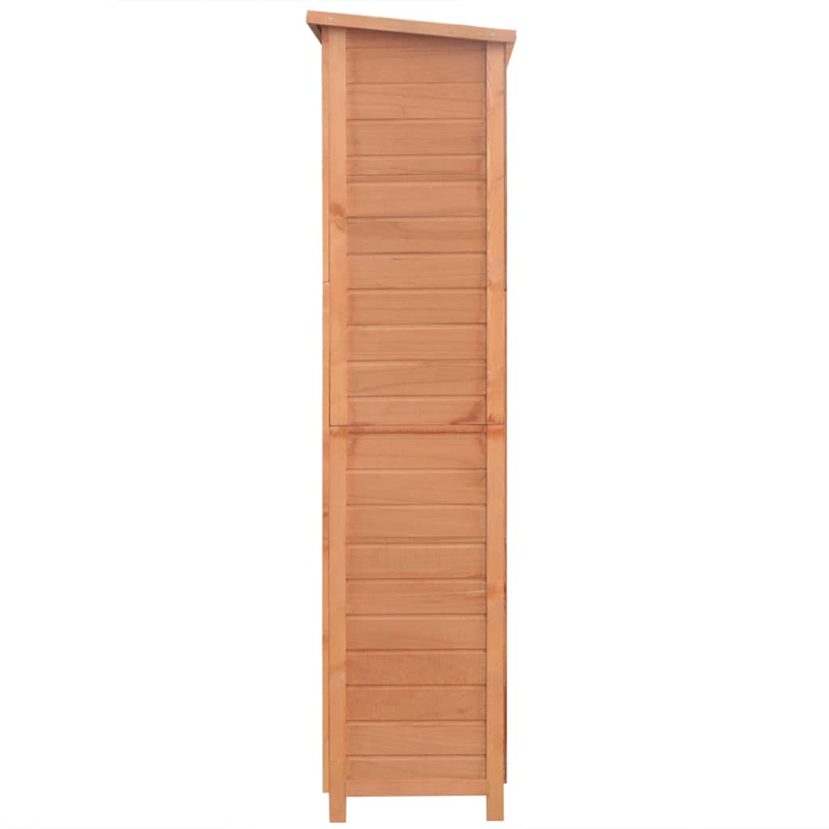 Hoher, schmaler Holzschrank mit vertikalen Holzplanken und einem schrägen Dach, von der Seite gesehen.