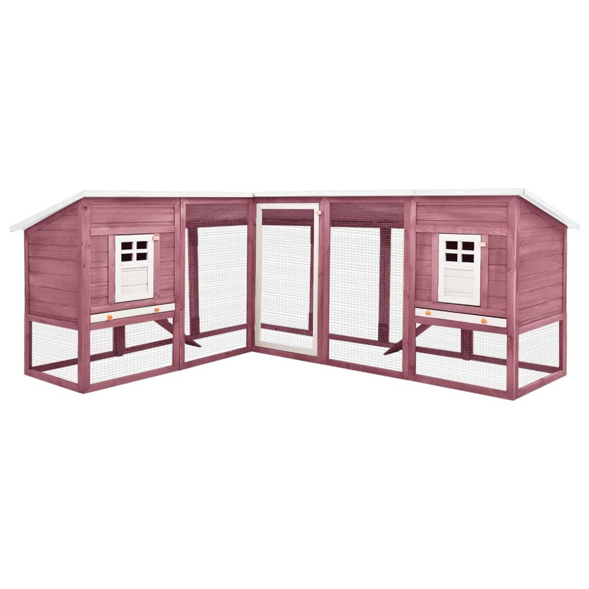 Ein großer rosa Hühnerstall aus Holz mit mehreren Abschnitten und Drahtgeflecht.