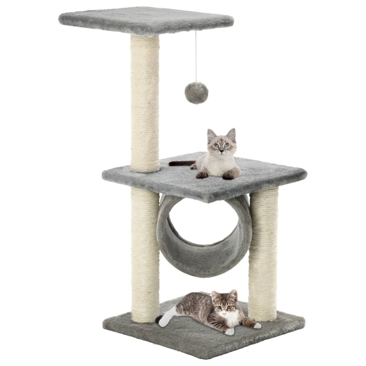 Katzenbaum mit zwei Katzen. Graue Plattformen, beige Pfosten, Hängeball, weißer Hintergrund.