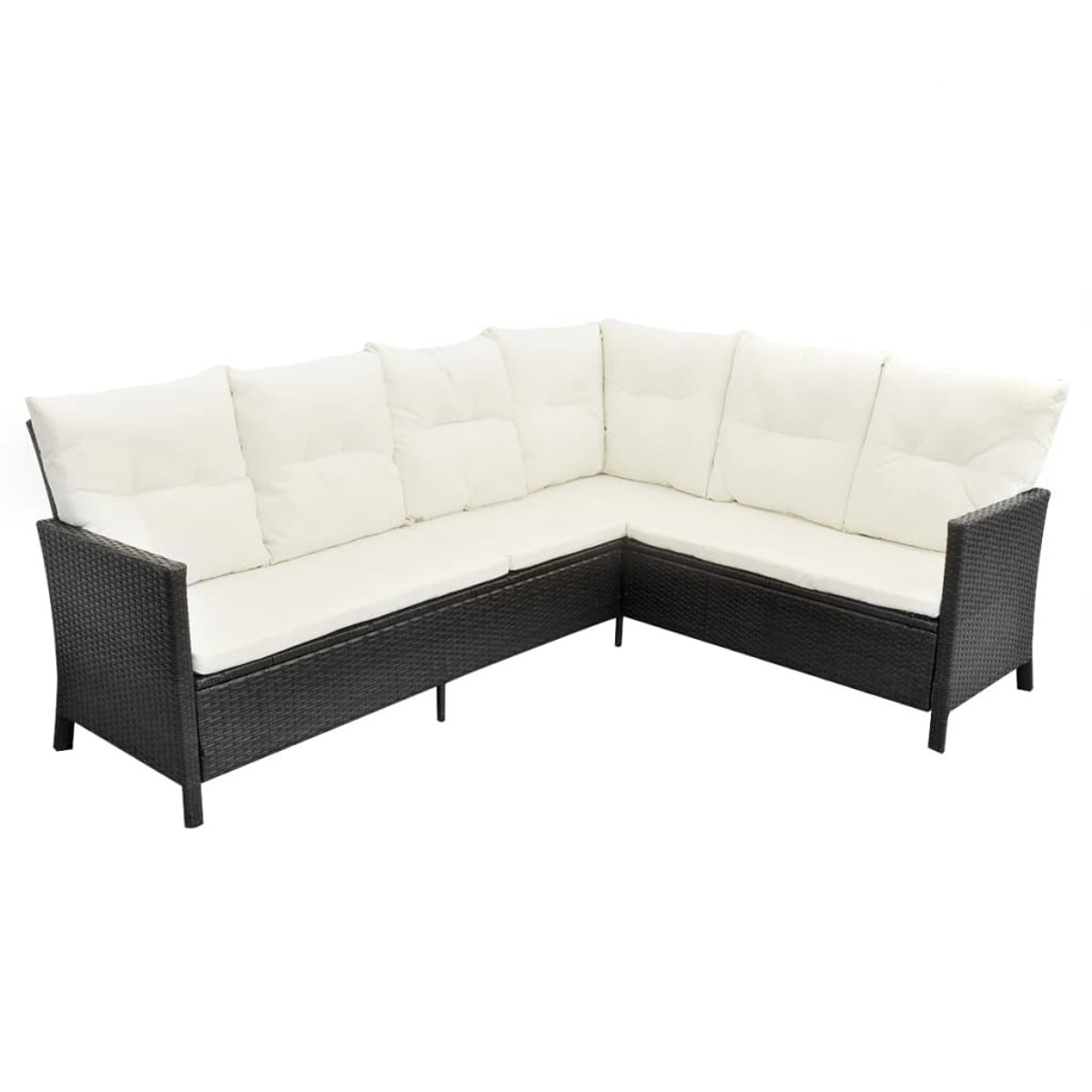 L-förmiges Outdoor-Sofa mit weißen Kissen und dunkelbraunem Korbgeflecht, weißer Hintergrund.