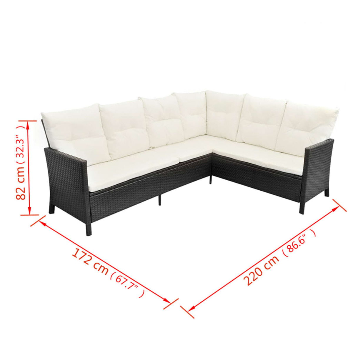 Ein L-förmiges Outdoor-Sofa mit weißen Kissen und beschrifteten Abmessungen.