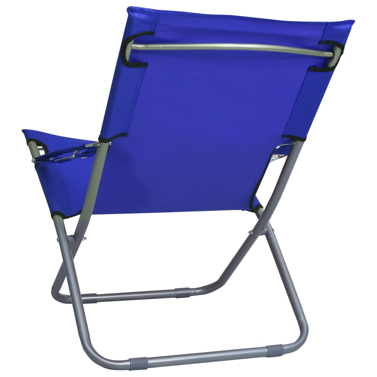 Ein blauer Klappstuhl, von hinten gesehen, mit Metallrahmen auf weißem Hintergrund.
