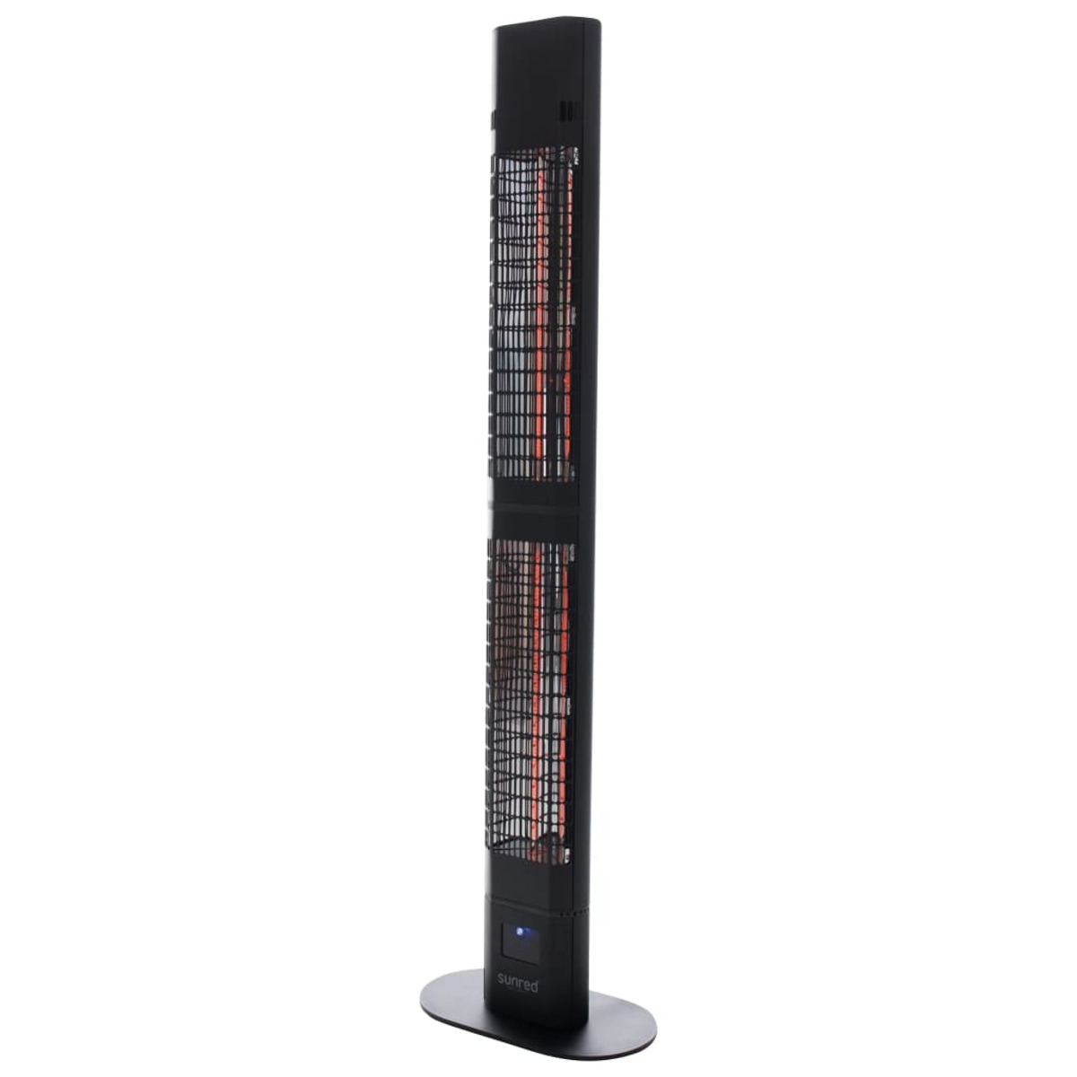Black vertical outdoor heater, with a blue power button, white background.
