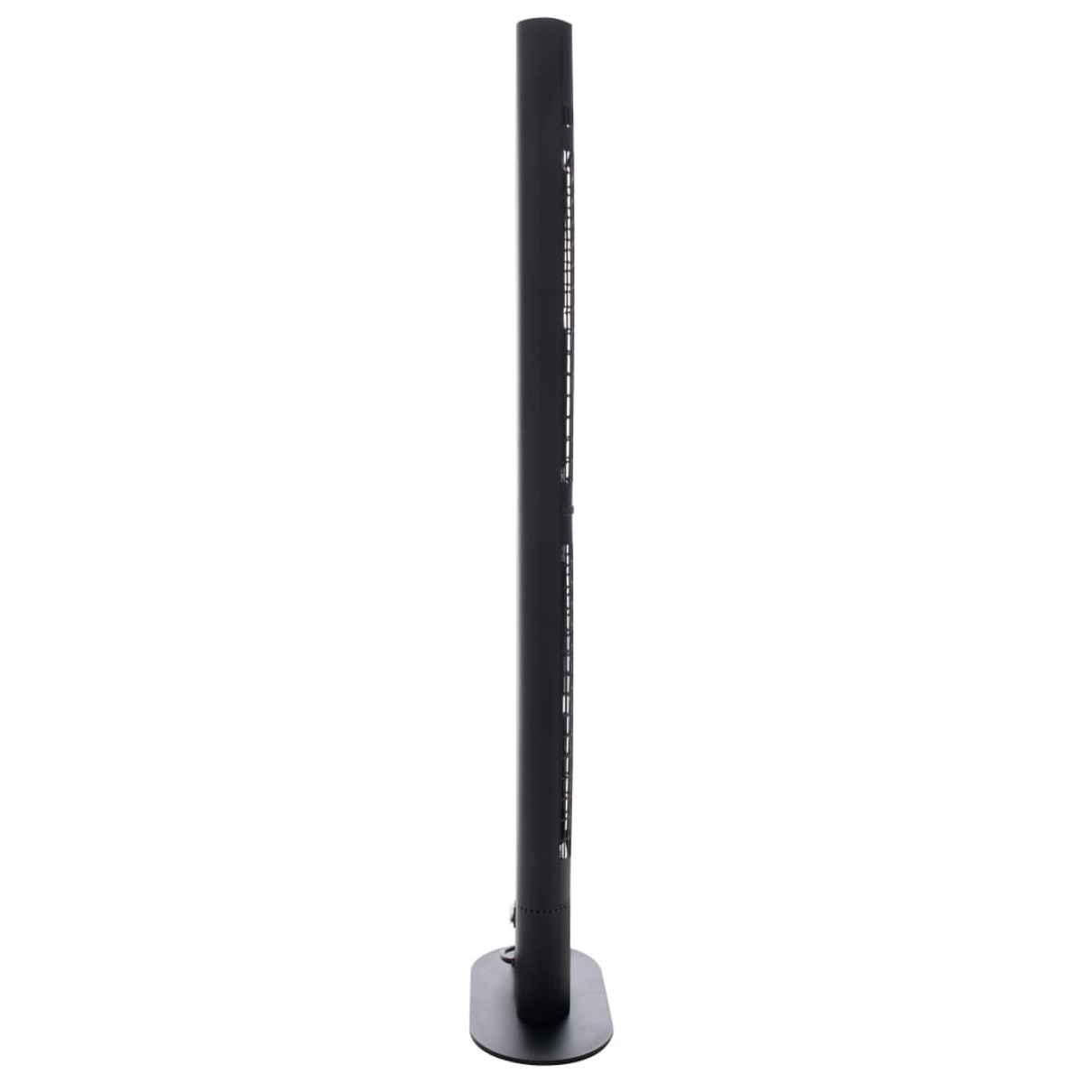 Tall black fan standing upright. White background, side view.