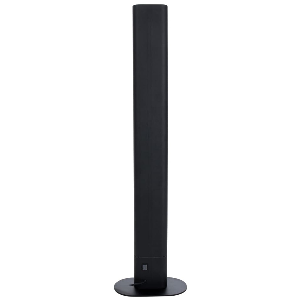 A tall, black, cylindrical air purifier on a white background. It has a small base.