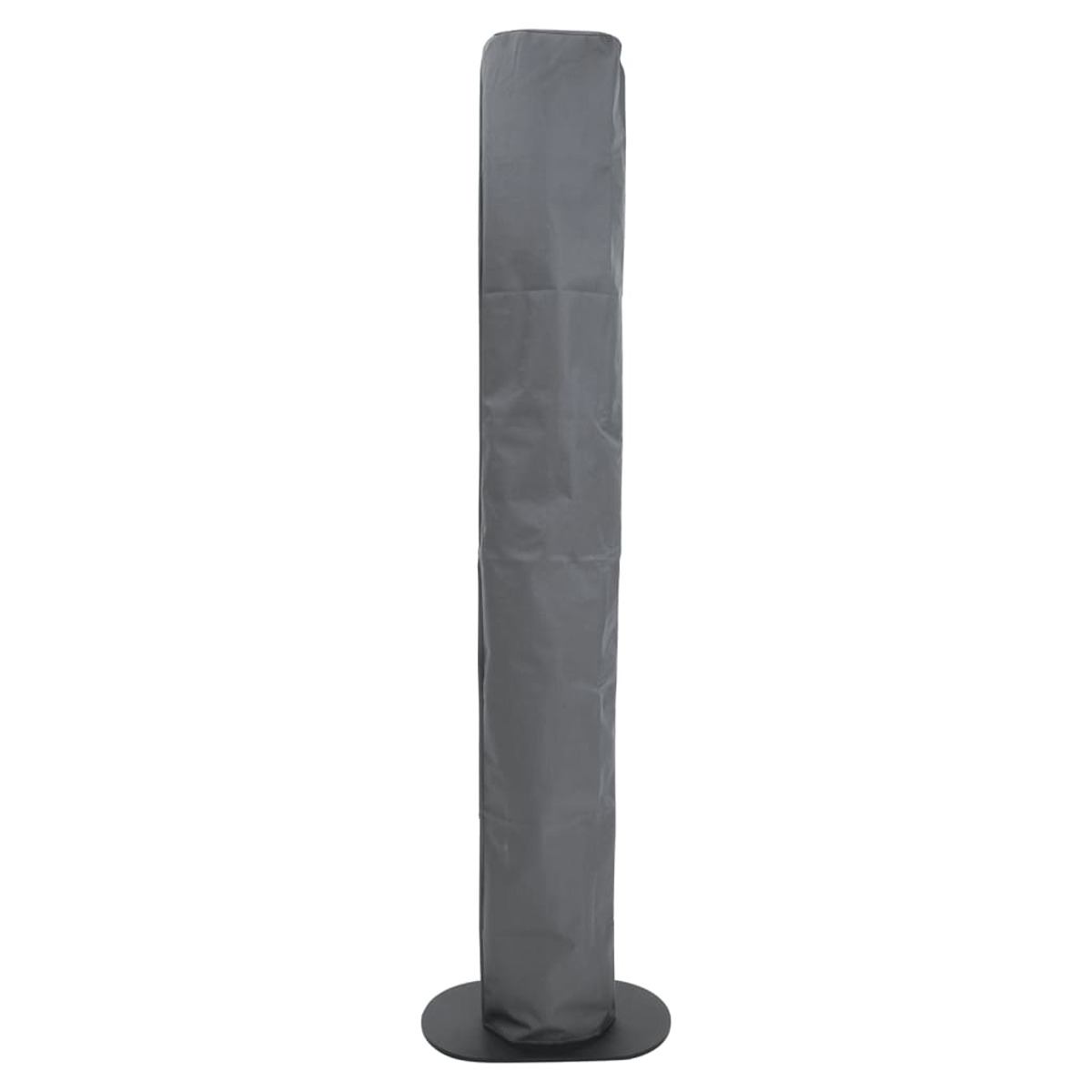 A gray, cylindrical outdoor heater cover stands upright on a black base.