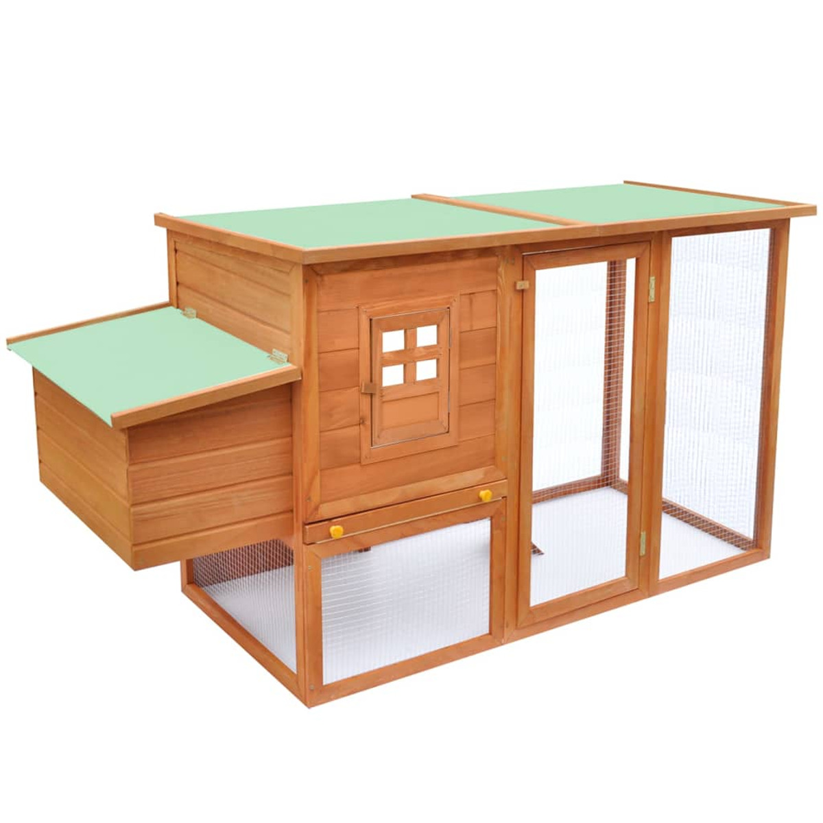 Hühnerstall aus Holz mit Nistkasten und Drahtgittergehege. Grünes Dach.