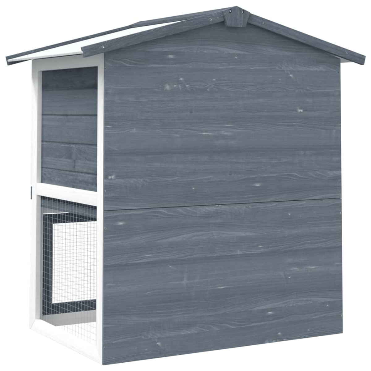 Grauer Hühnerstall aus Holz mit weißem Rand und einem Fenster aus Maschendraht.