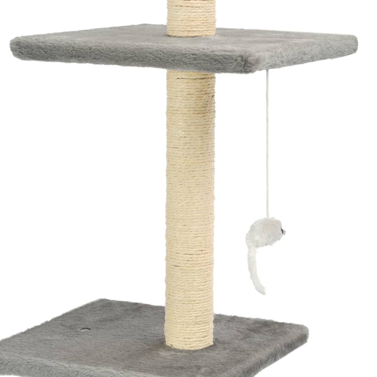 Kratzbaum mit grauem Sockel und Oberteil, einer beige Seil umwickelten Stange und einem Spielzeug.