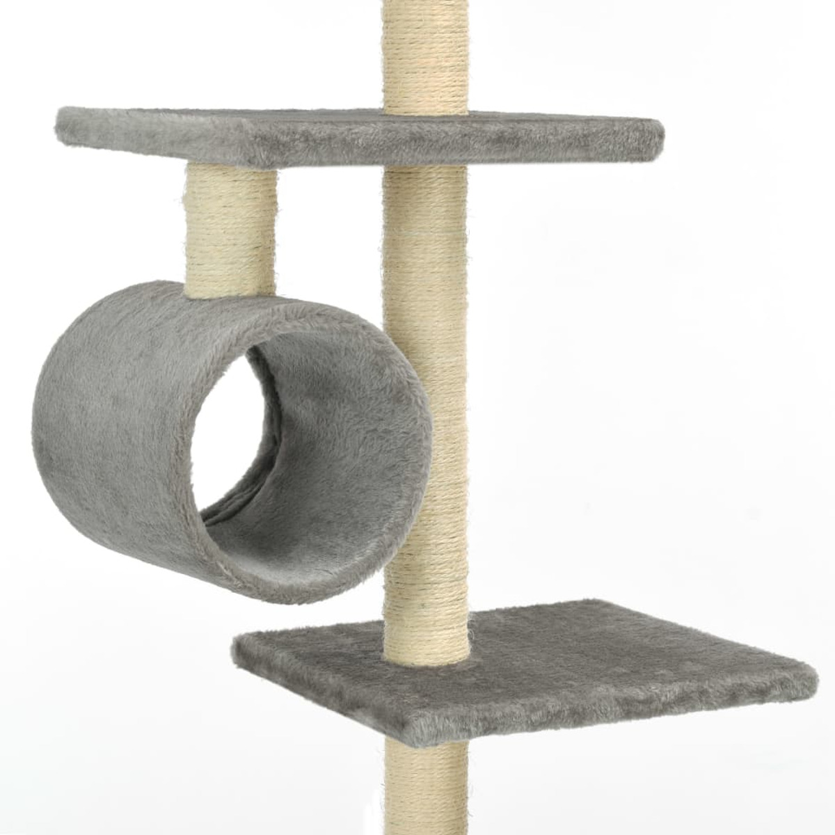 Katzenbaum mit grauen Plattformen, Tunnel und Pfosten. Beige Pfosten mit Seil umwickelt.