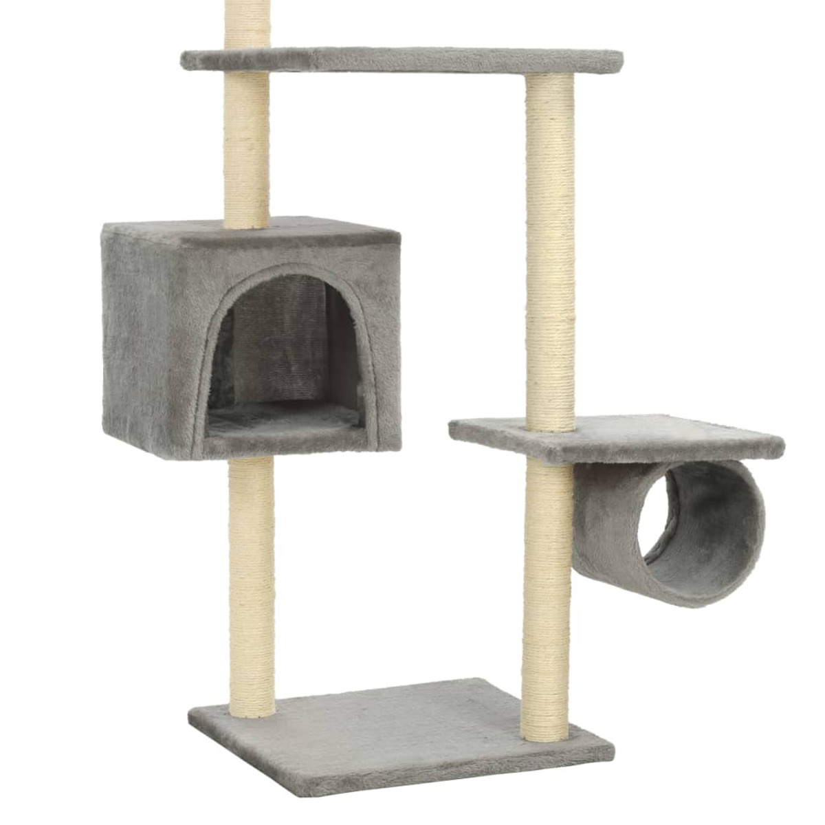 Ein grauer Katzenbaum mit einem Würfelhaus, Plattformen und Kratzbäumen auf weißem Hintergrund.