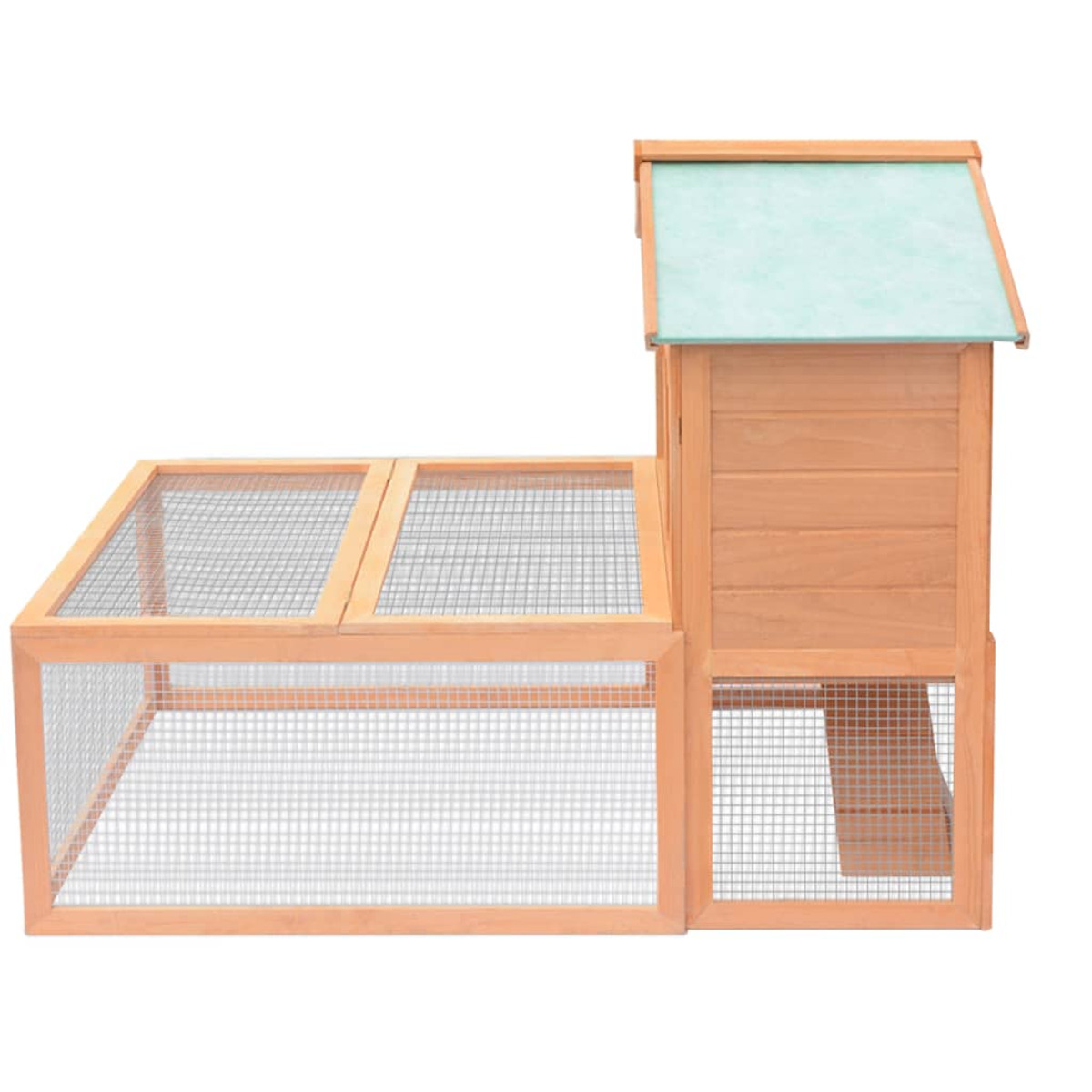 Kaninchenstall aus Holz mit Maschengehege und kleinem Haus obenauf.