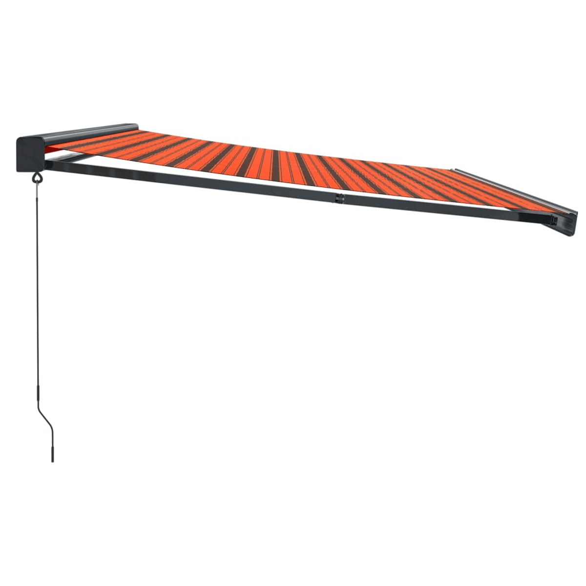 Ausziehbare Markise mit orangefarbenen und schwarzen Streifen. Sie ist ausgefahren und montiert.