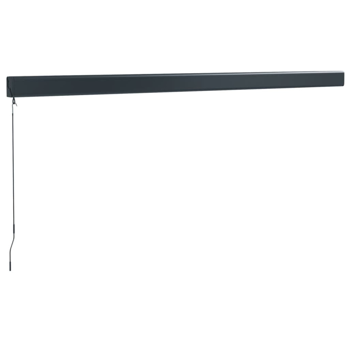 Eine lange, dunkelgraue Markise mit einem schwarzen Kabel, das herunterhängt.