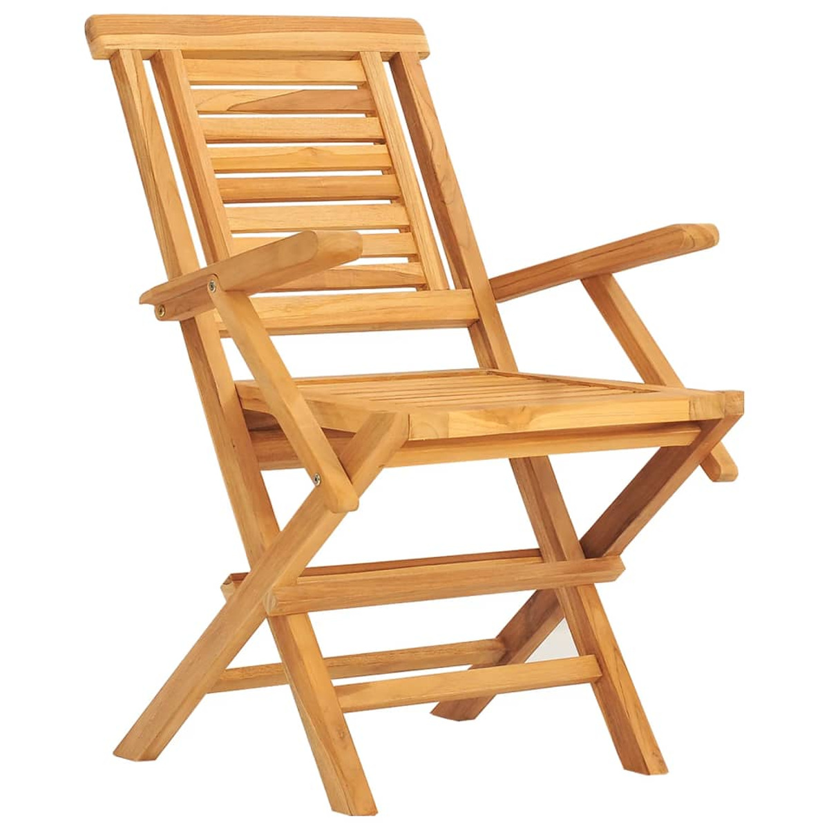 Ein zusammenklappbarer Holzstuhl mit Lattenrücken und Armlehnen. Er ist aus hellem Holz.