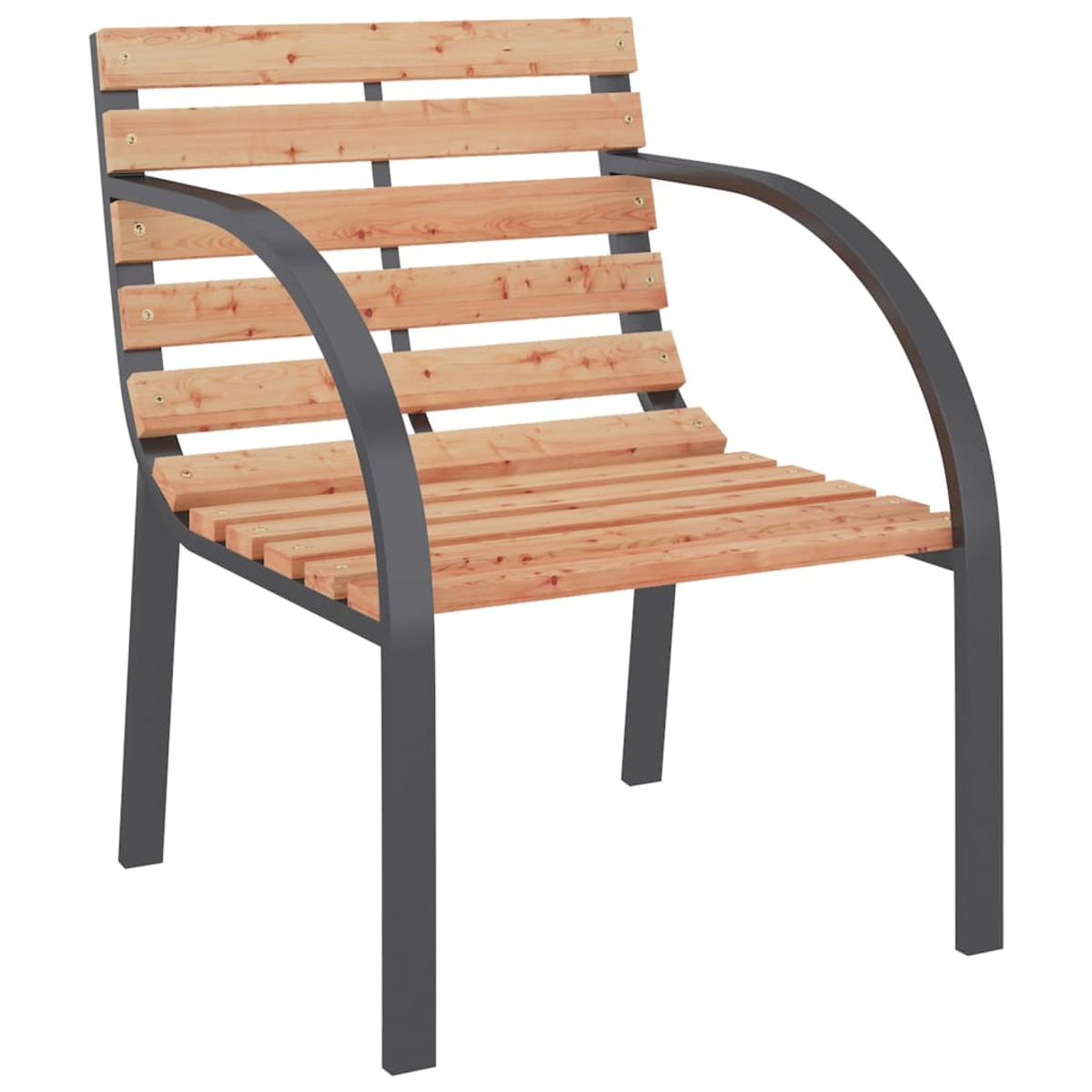 Gartenstuhl mit Holzlatten und grauem Metallrahmen. Freigestellt, einfacher Hintergrund.