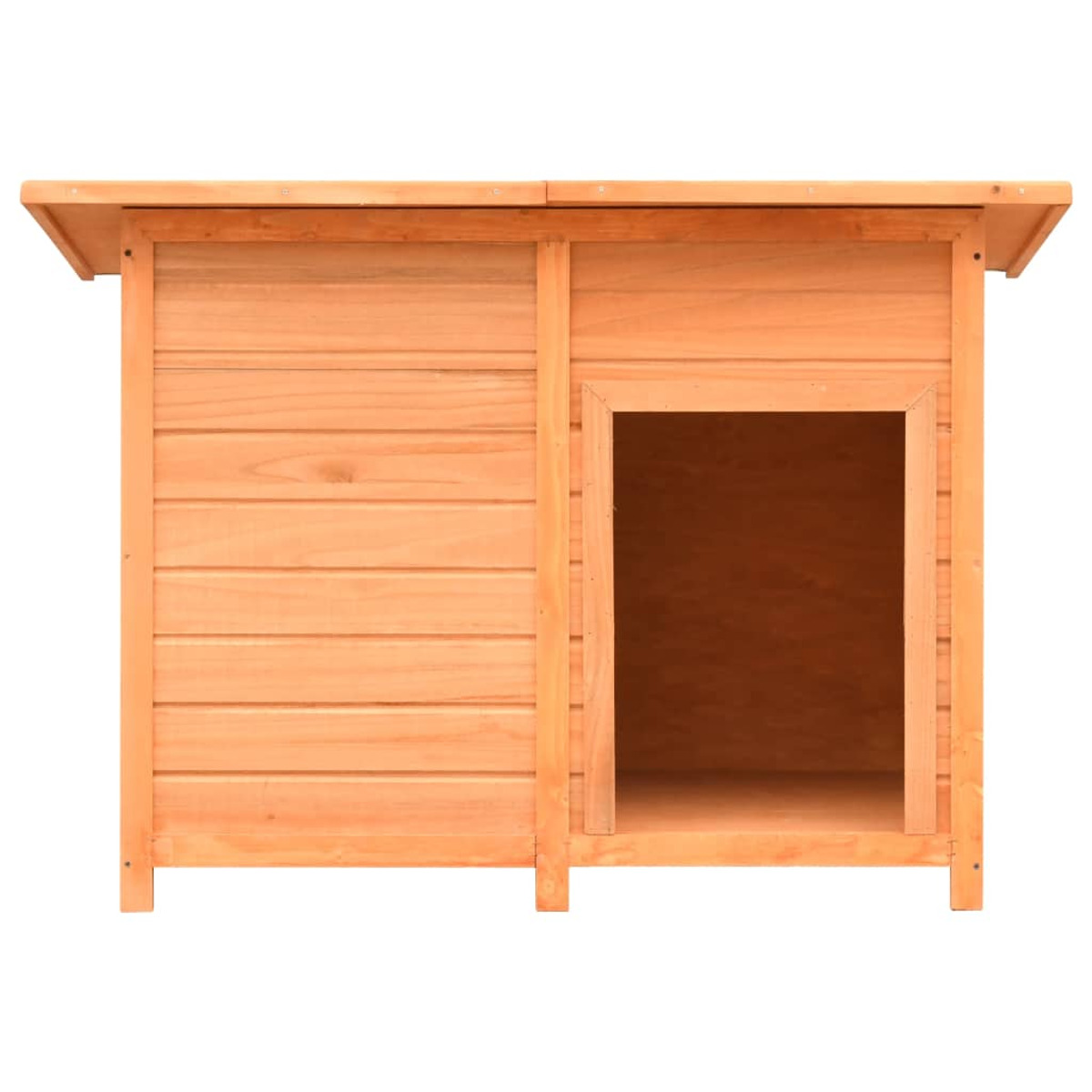 Hundehütte aus Holz. Hellbraune Farbe, mit Satteldach und offenem Türrahmen.