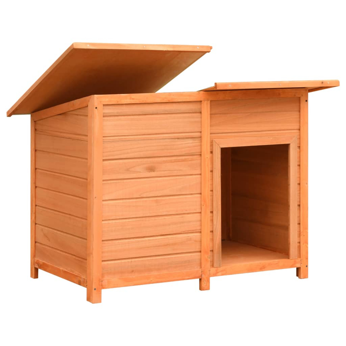 Hundehütte aus Holz mit offener Tür und schrägem Dach. Helle Holzfarbe.